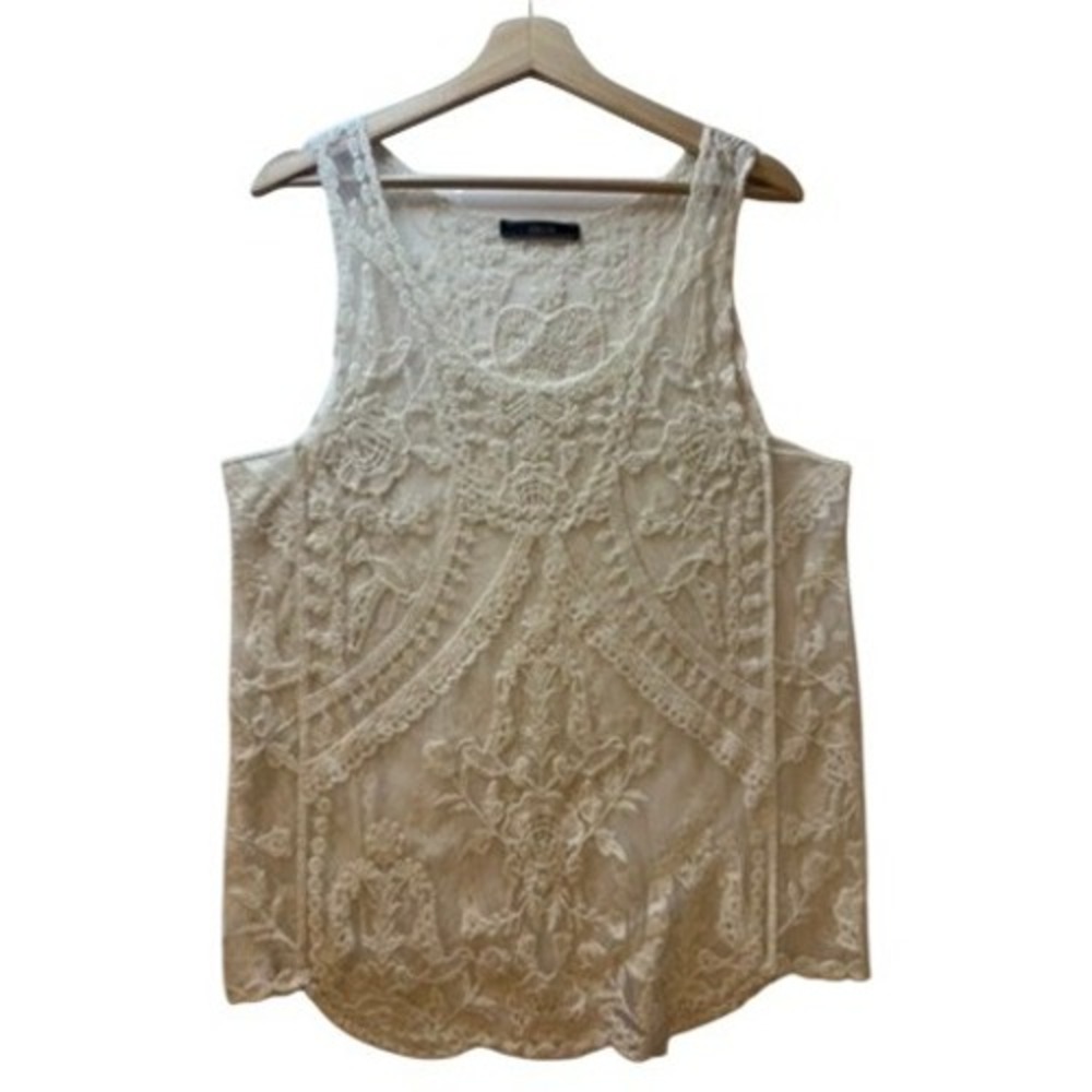 Lace Overlay Top Embroidered Sleeveless Tank Top Boho Sheer Romantic Etherial